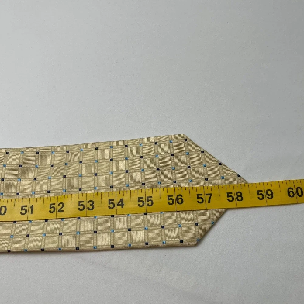 Preswick & Moore Mens Silk Geometric Grid Dobby Necktie OS Gold Navy Blue Formal